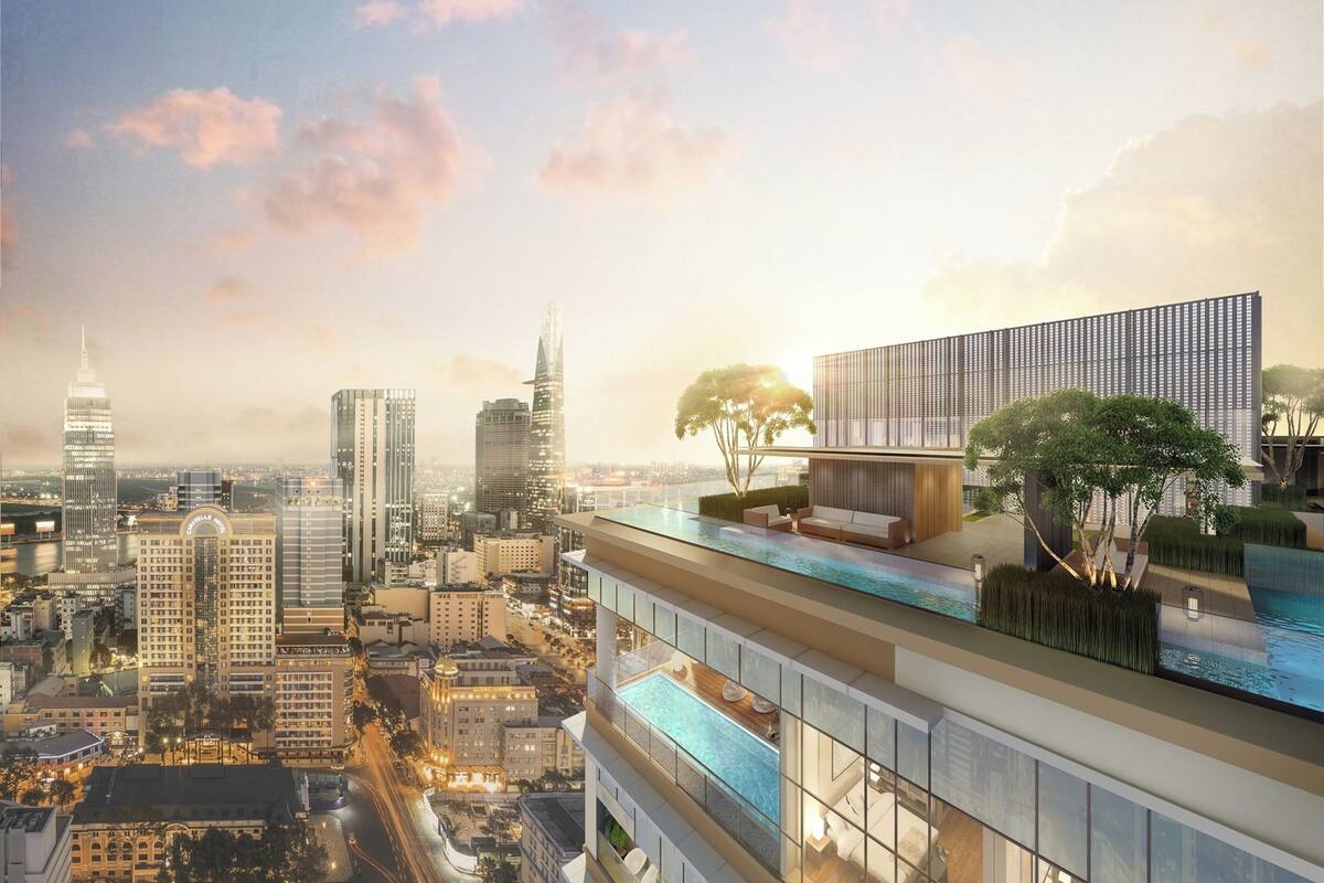 A high-rise building with a rooftop pool and a modern design.