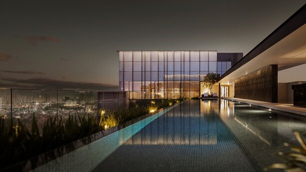 A modern building with a reflective pool and a city view at dusk. - Kotrip MarQ Paradise Vacation (Ho Chi Minh City)