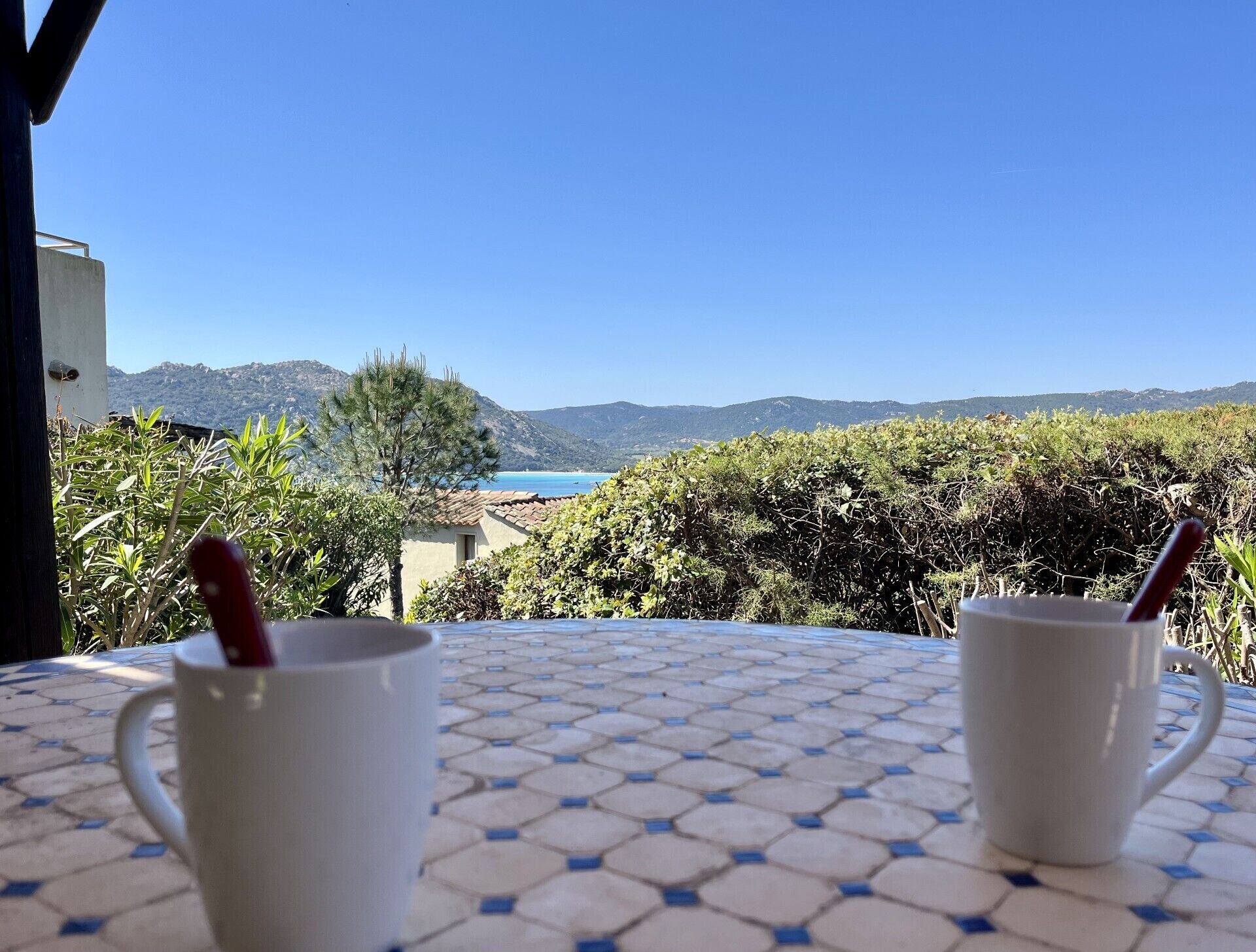 Two white cups with red straws on a tiled table with a hexagonal pattern, overlooking a scenic view of a body of water and hills.