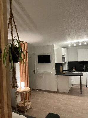 Cozy living space with a kitchenette, flat-screen TV, and a small dining area.