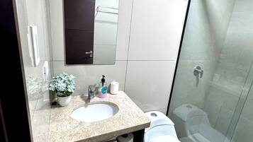 Hair dryer, towels, soap, shampoo