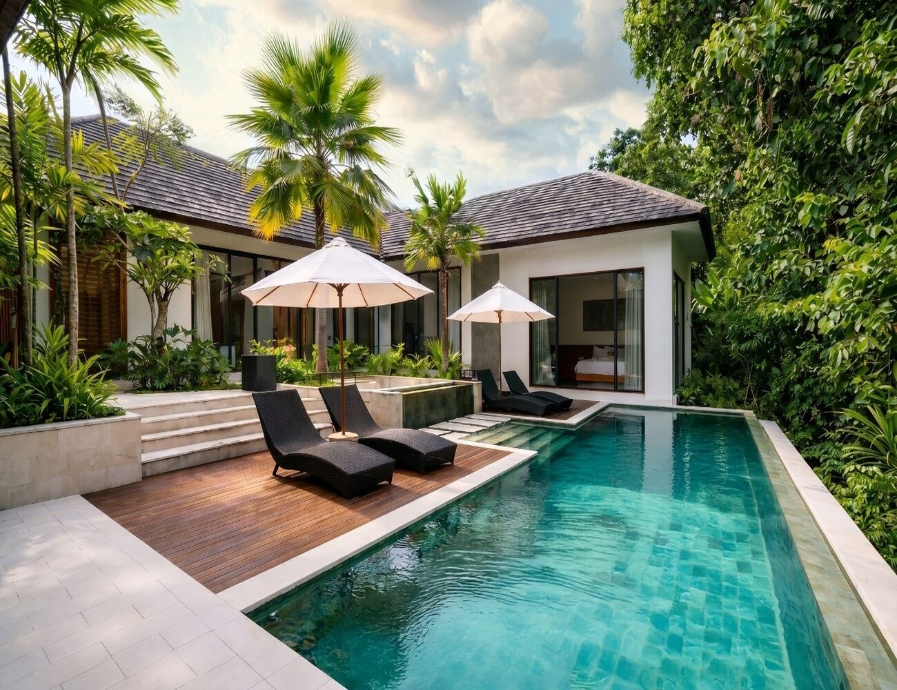 A modern pool area with lounge chairs and umbrellas, surrounded by lush greenery and a building with a tiled roof.