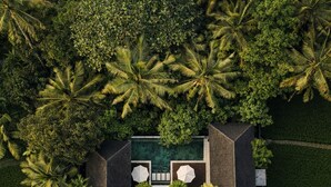 An aerial view of a modern house with a swimming pool, surrounded by lush greenery and palm trees. - Villa Talun by GORO (Ubud)