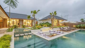 Outdoor pool, pool umbrellas, pool loungers