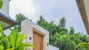 Un bâtiment moderne doté d’une porte en bois, d’un escalier en béton et d’une végétation luxuriante.