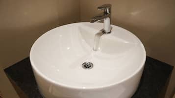 Shower, rainfall showerhead, towels, soap