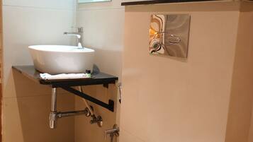 Shower, rainfall showerhead, towels, soap