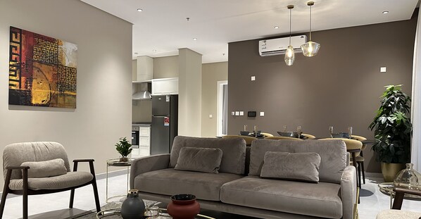 Design Apartment, 3 Bedrooms | Living area | Flat-screen TV - Kease Hittin P-2 Lusso Najd AZ29 (Riyadh)