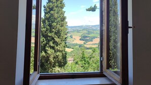 Una habitación con un amplio ventanal que ofrece vistas a un bosque y colinas onduladas.