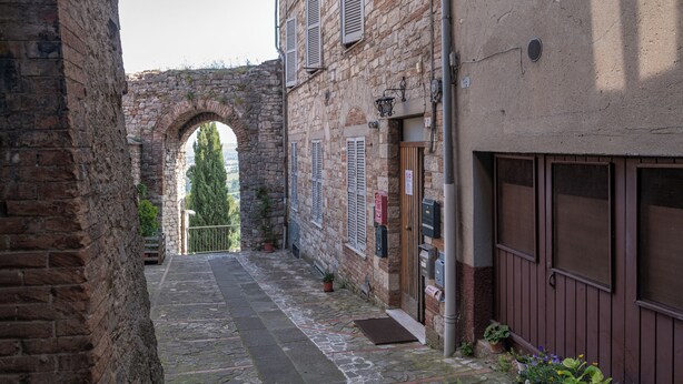 Un estrecho callejón adoquinado de piedra con un arco de piedra, plantas en macetas y un edificio con contraventanas y buzones.
