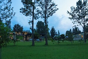 A residential area with a house, a lawn, and trees. - Eben Lake Kivu Cottages and Villas (Kagano)