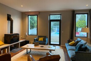 TV, fireplace, table tennis, books