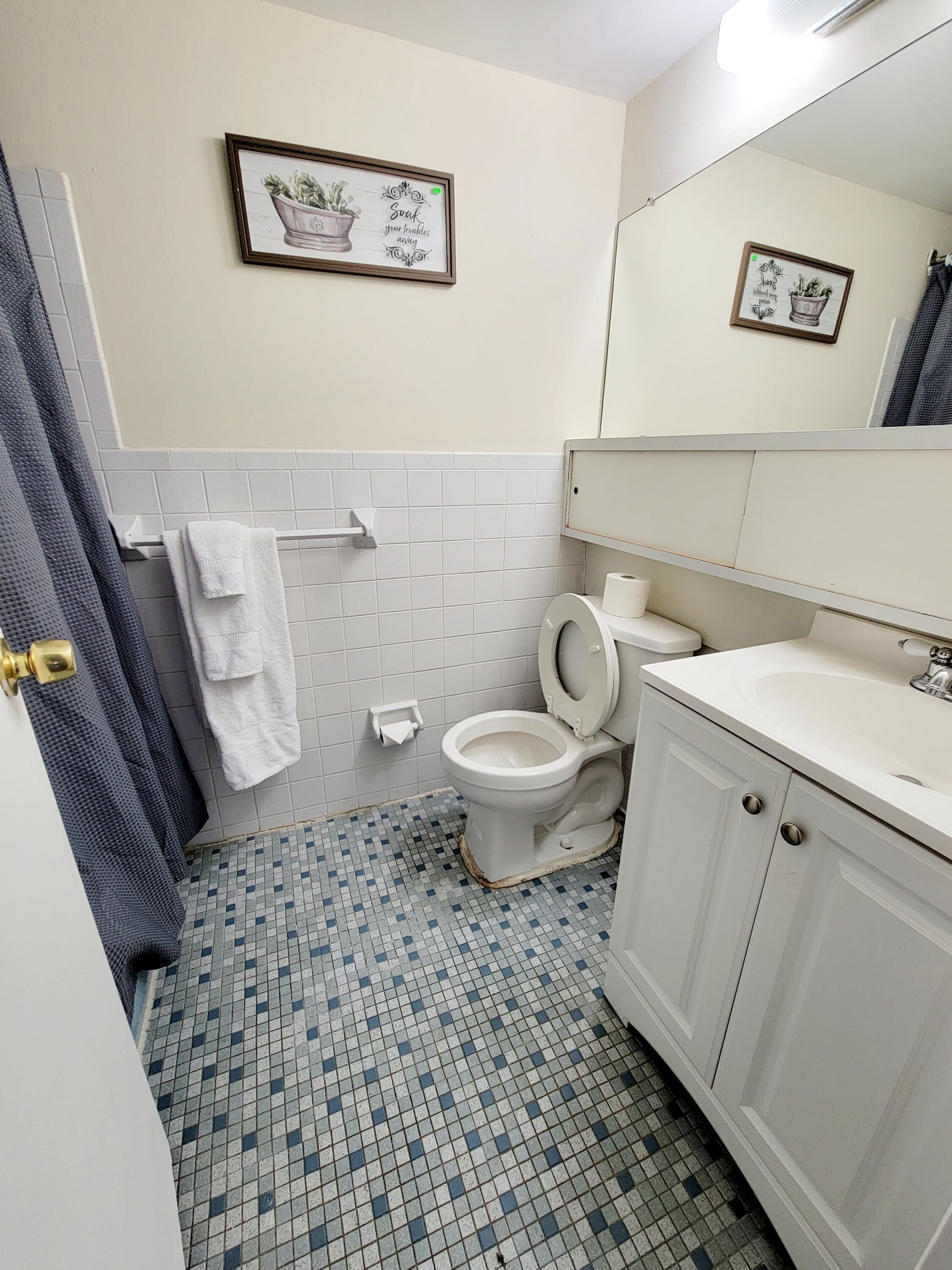 Een badkamer met toilet, wastafel en douche.