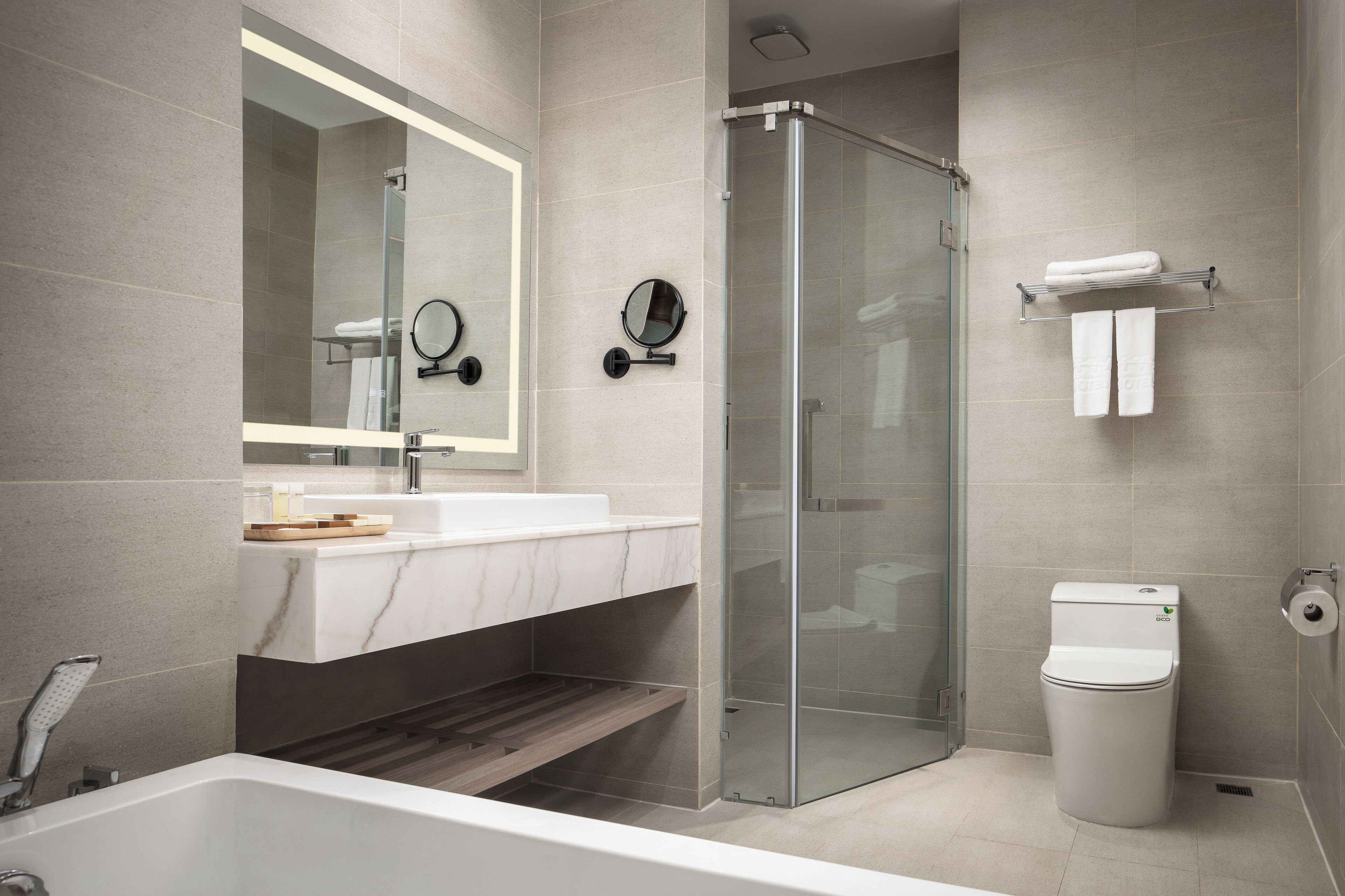 A modern bathroom with a glass shower enclosure, a white toilet, and a large mirror above the sink.