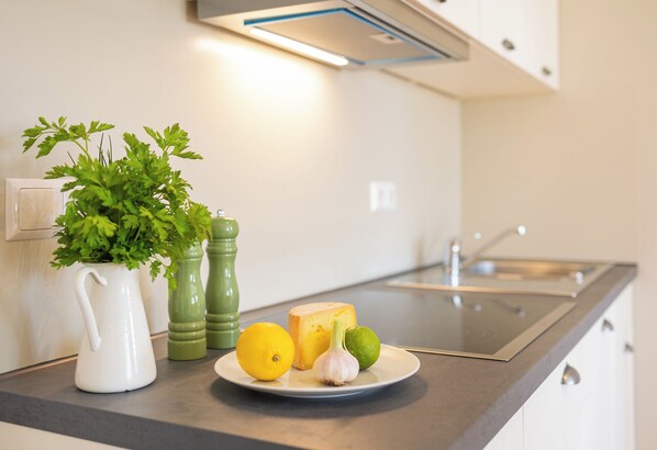 Fridge, stovetop, dishwasher, coffee/tea maker