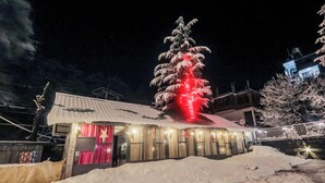 Un edificio con techo nevado y un árbol iluminado con luces rojas.