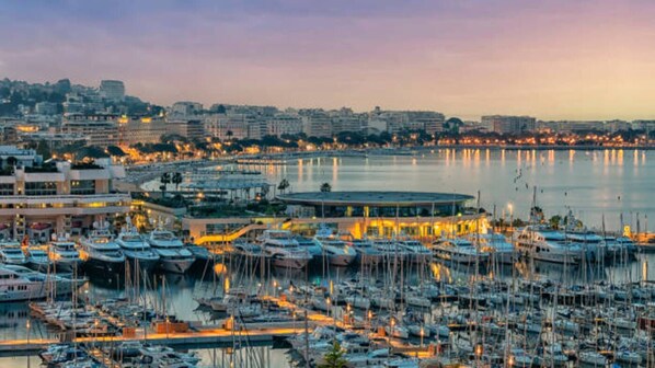 Boats docked in a bustling marina, adjacent to a waterfront area with residential and commercial buildings.