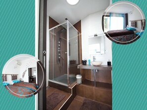 Chuveiro, banheira de hidromassagem, secador de cabelo, toalhas de banho