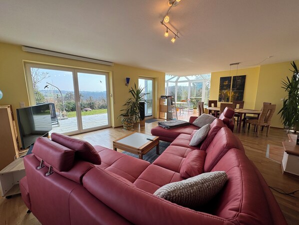 TV, fireplace, books, stereo - Vacation home with mountain views in Tettnang (Tettnang)