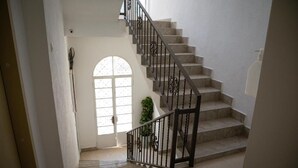 A staircase with a handrail, a door with a glass panel, and a potted plant. - Dali House (Amman)