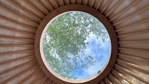 Un tragaluz circular con listones de madera y vistas a árboles y cielo.