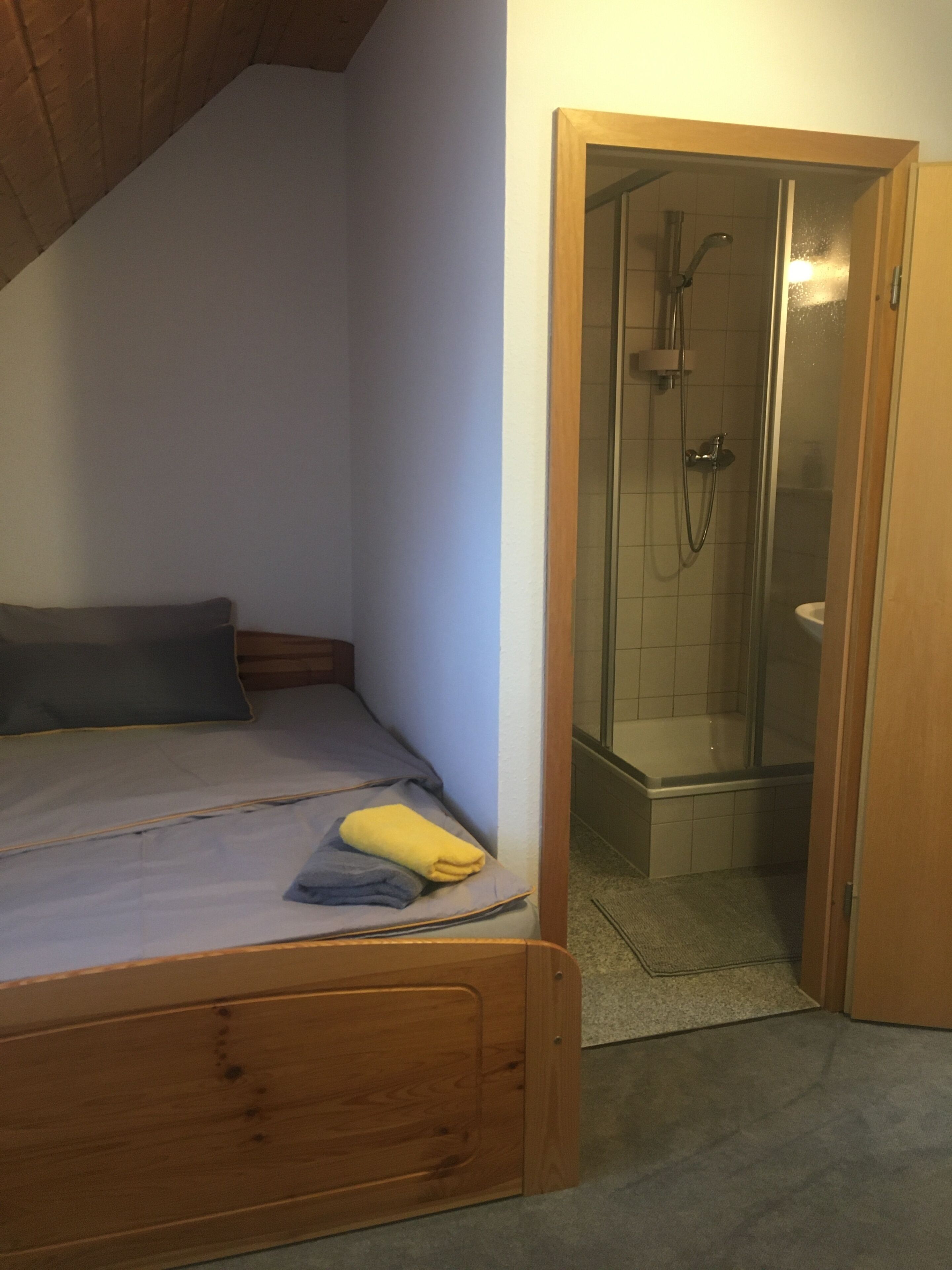 Un dormitorio pequeño con una cama individual, cabecera de madera y zona de ducha con puerta de cristal.