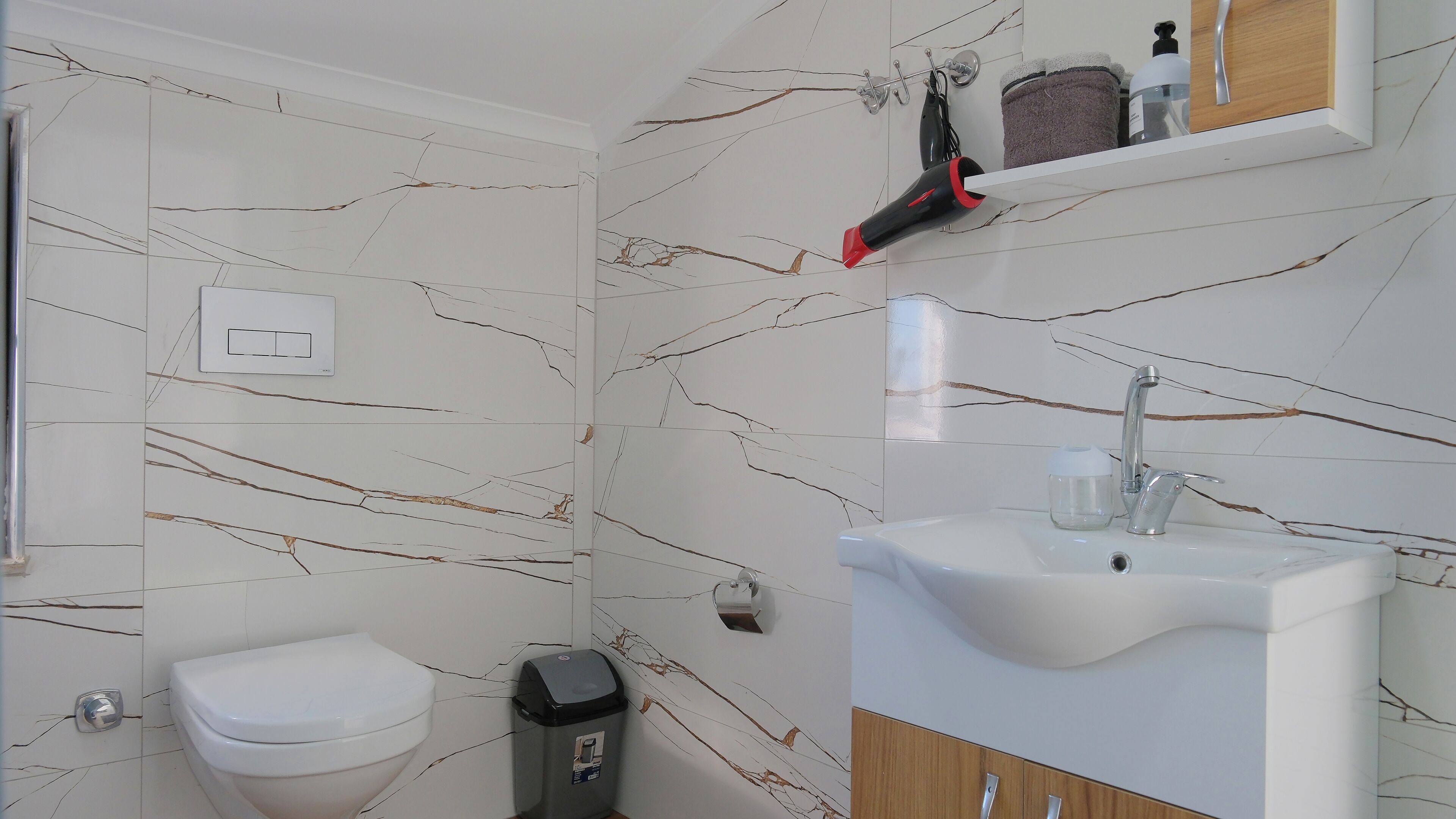 Shower, rainfall showerhead, hair dryer, bathrobes