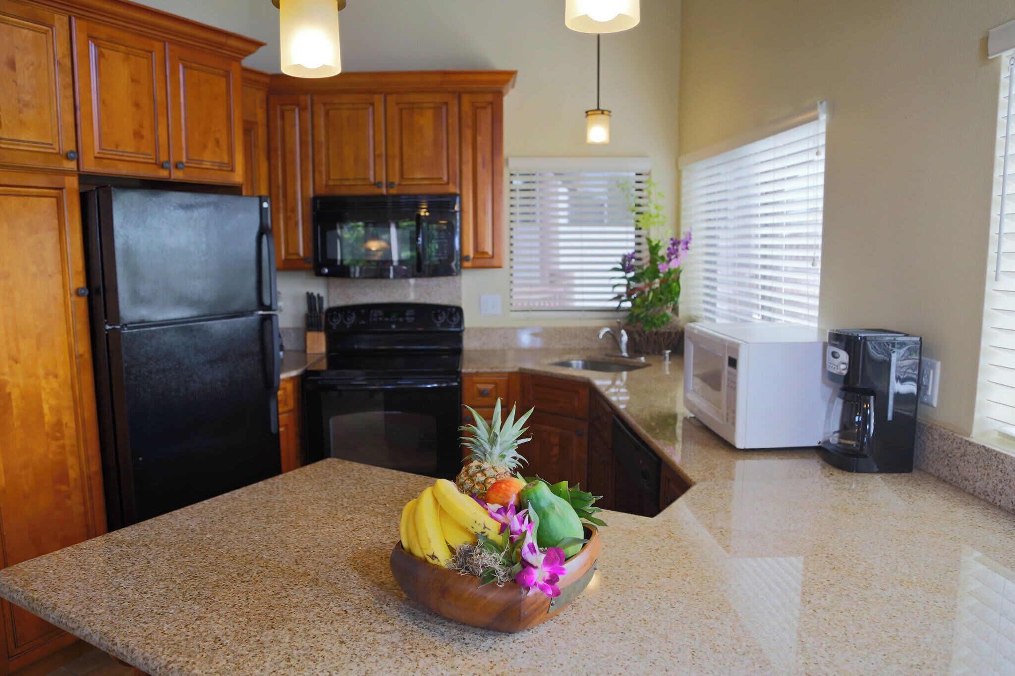 Coffee/tea maker, toaster, cookware/dishes/utensils