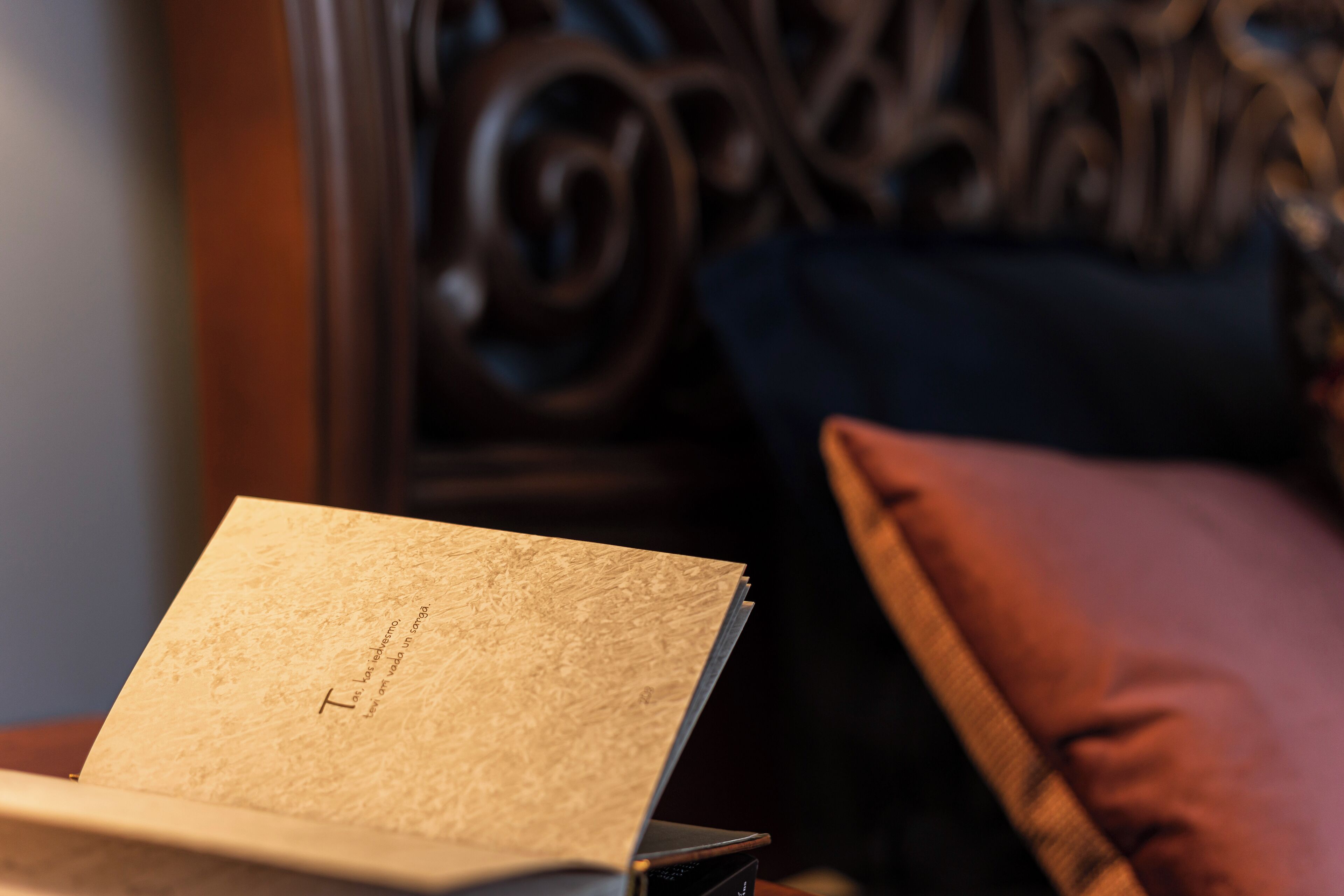 Primer plano de un libro abierto o carpeta con textura y texto en la portada, sobre una superficie con un cabecero oscuro y decorativo, y un cojín al fondo.