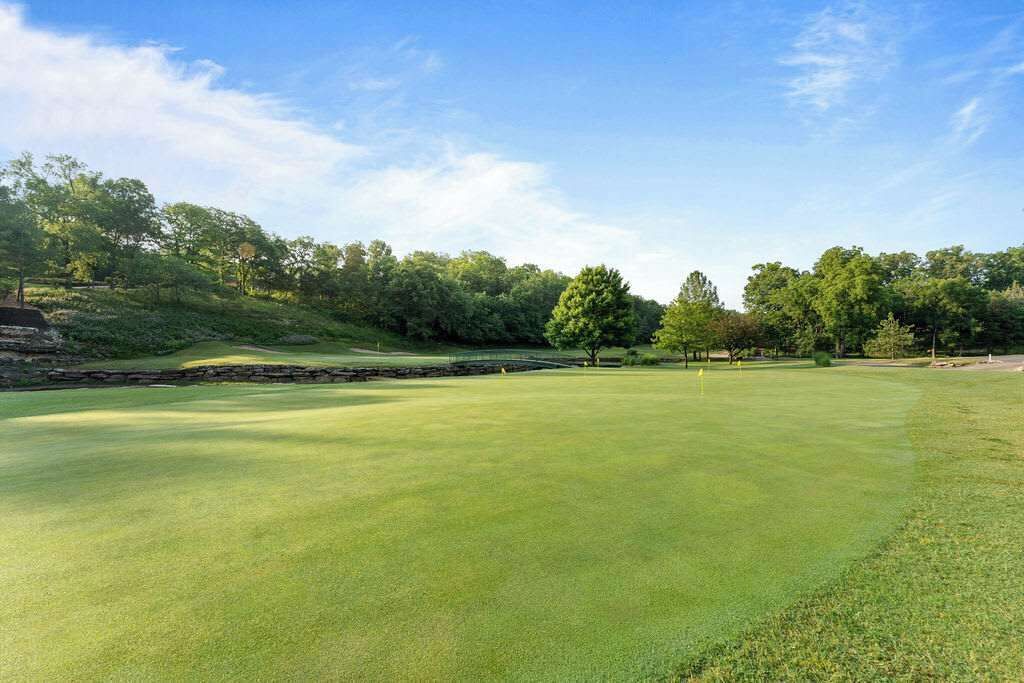 Un campo de golf con un green impecable, árboles y un cielo despejado.