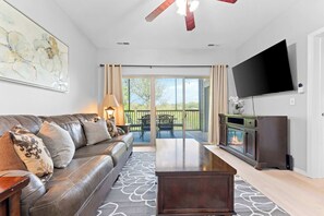 Télévision, cheminée, espaces bureaux