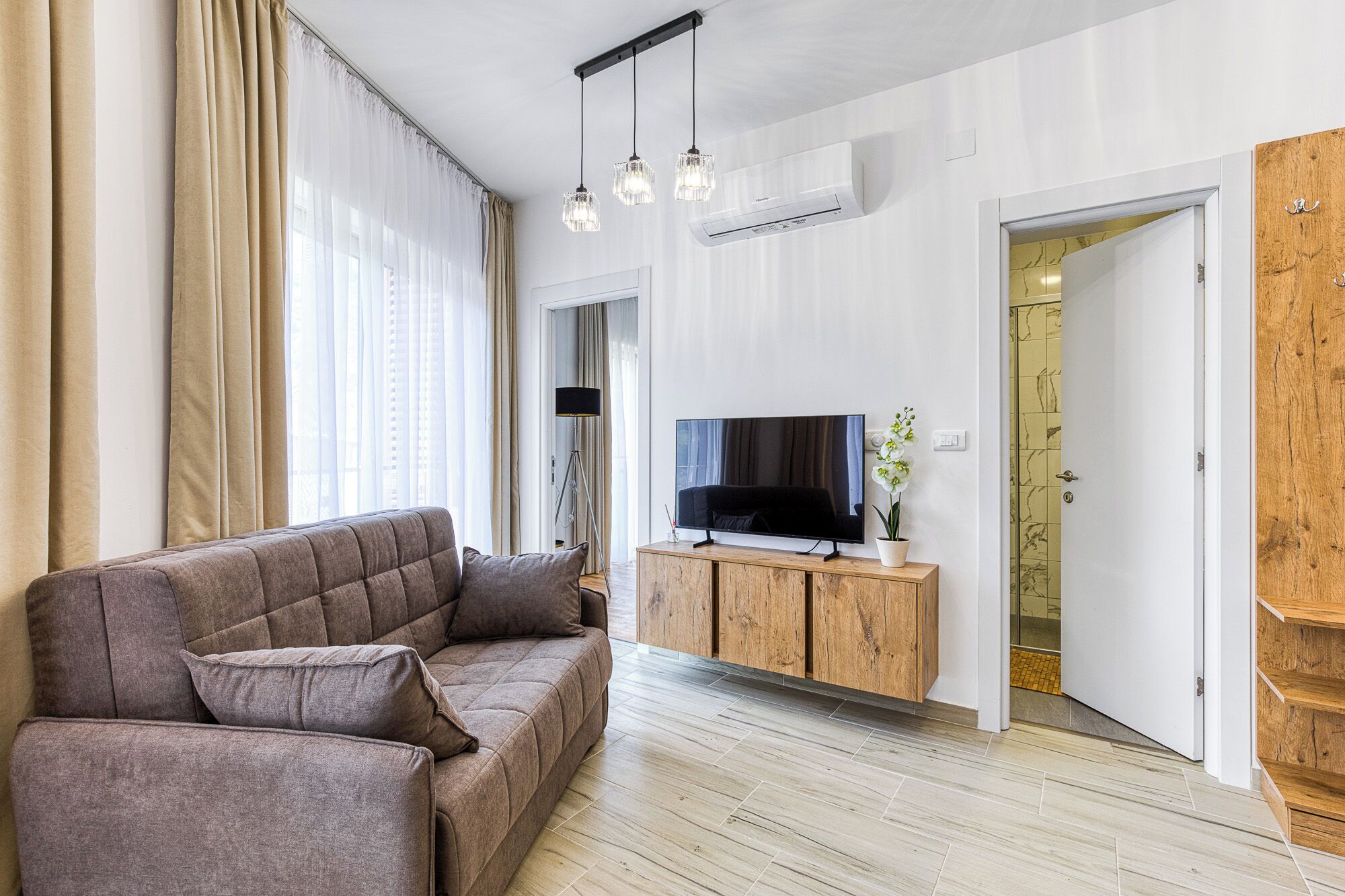 Una sala de estar moderna con un sofá, televisor, mueble de madera y una planta en maceta.