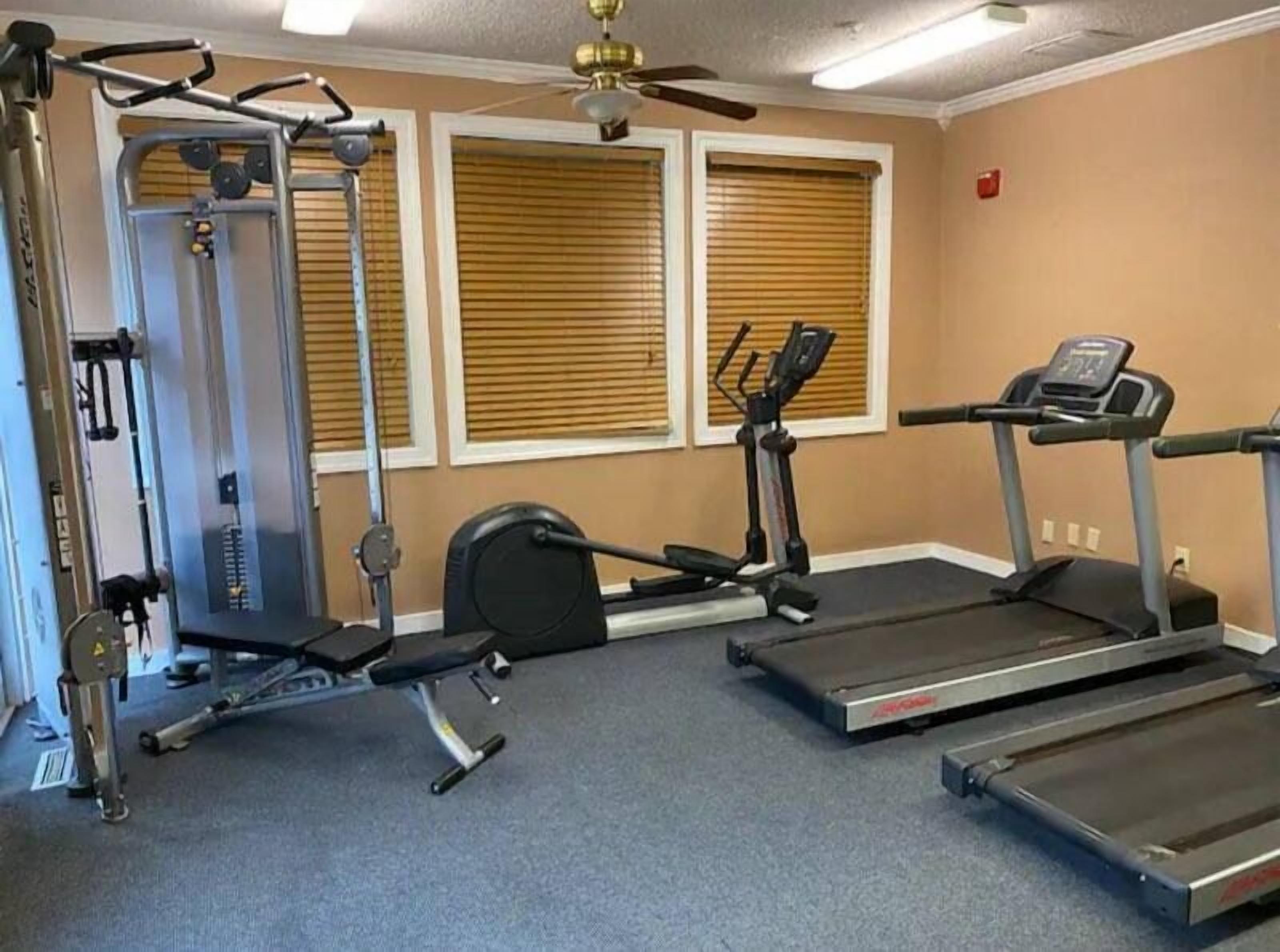 Un gimnasio con máquinas de cardio, equipo de pesas y un ventilador de techo.