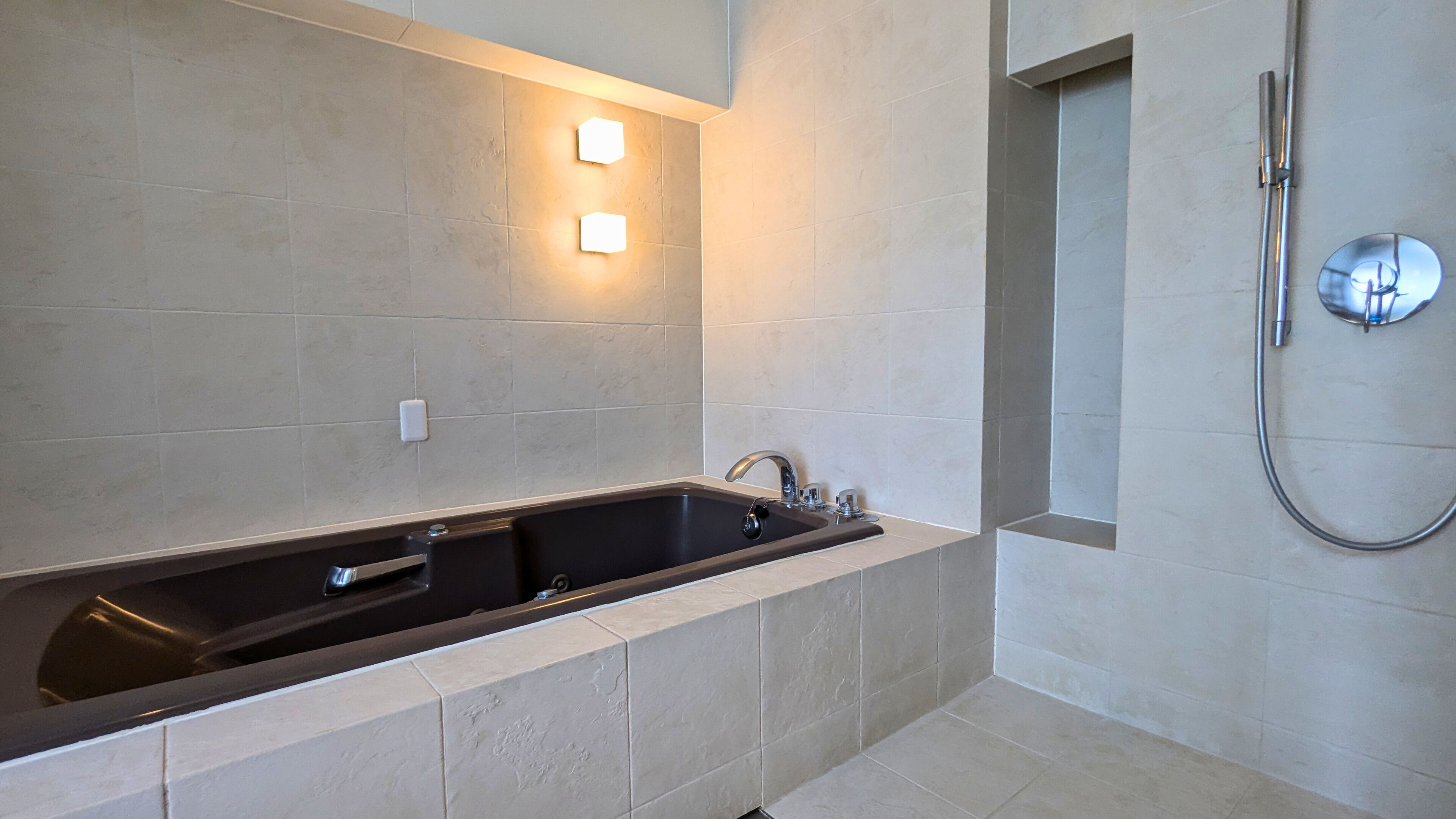 A modern bathroom with a large bathtub, a shower, and two wall-mounted lights.
