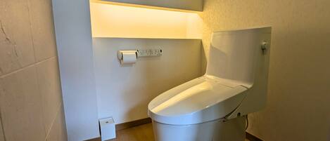 Une salle de bain moderne avec des toilettes blanches, un réservoir de chasse d'eau fixé au mur et un porte-rouleau de papier toilette.