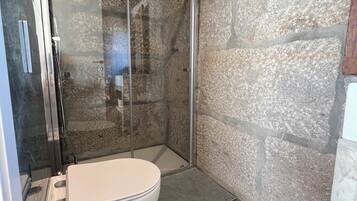 A modern bathroom with a glass-enclosed shower, a white toilet, and a stone wall.