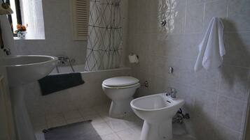 Hair dryer, bidet, towels, soap