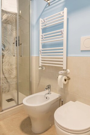 Regadera, secadora de cabello, bidet, toallas