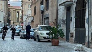Una calle adoquinada con coches aparcados y un edificio con un gran ventanal de arco y una puerta.