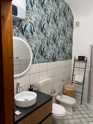 Hair dryer, towels, soap, toilet paper