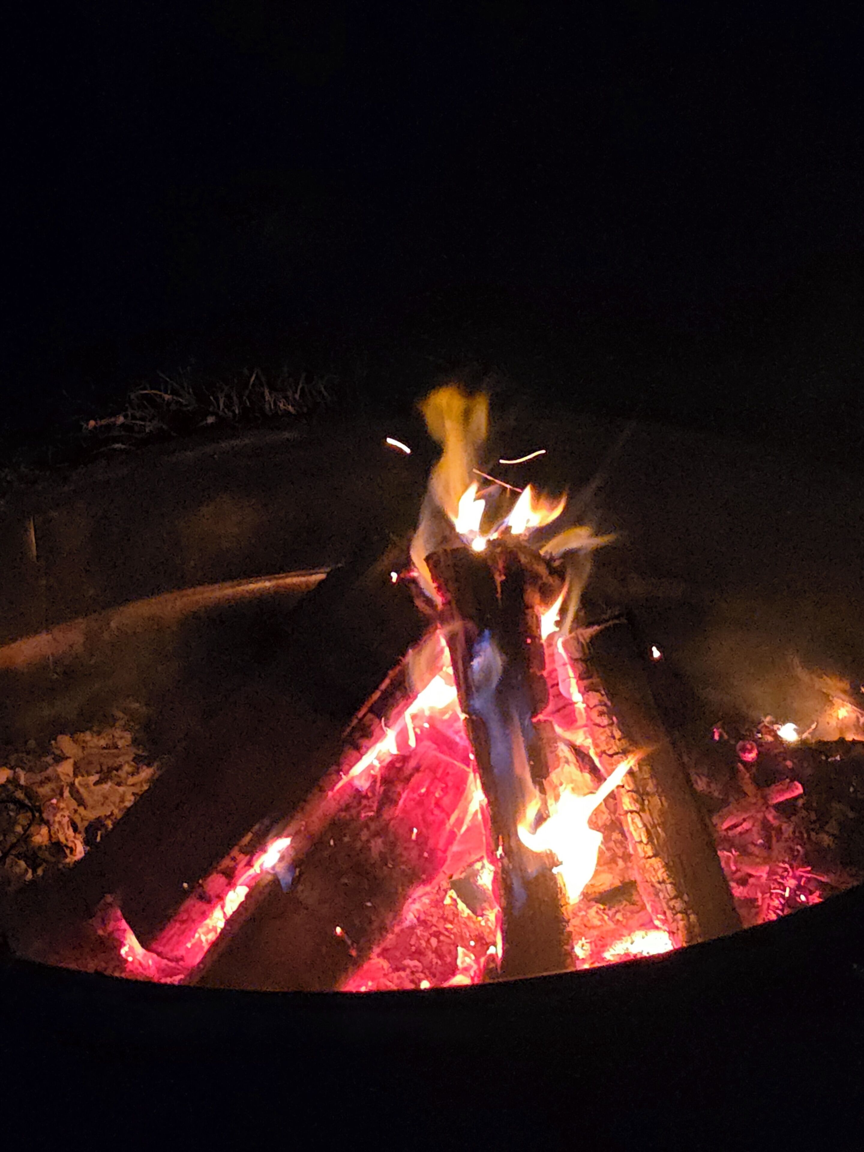 Ein Lagerfeuer mit sichtbaren Flammen und Holzscheiten.