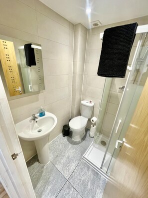 Studio | Salle de bain | Douche, sèche-cheveux, serviettes fournies