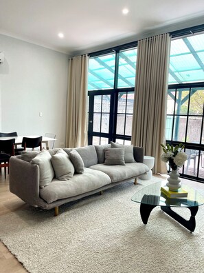 Smart TV, fireplace, books