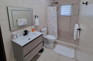 Ducha, secador de pelo, toallas, papel higiénico