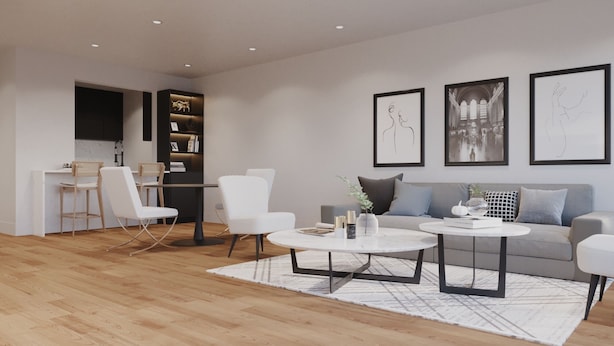 A modern living room with a sofa, two white chairs, a round coffee table, and a kitchen area with a dining set. - Cozy 2BR Apt in Arlington, VA. Minutes from  Washington D.C. (Arlington)