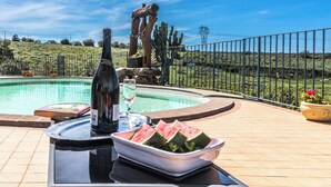 A poolside setting with a bottle of champagne, a glass, and watermelon slices on a table. - Villa Sant'elene (Uri)