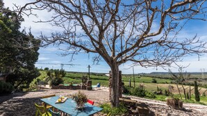 A rustic outdoor seating area with a table and chairs, a large tree, and a view of a green landscape. - Villa Sant'elene (Uri)
