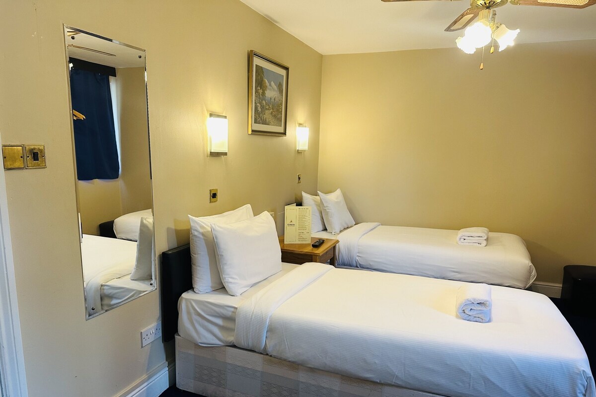 A hotel room with two single beds, a bedside table with a lamp, a small desk with a chair, a mirror, and a ceiling fan.