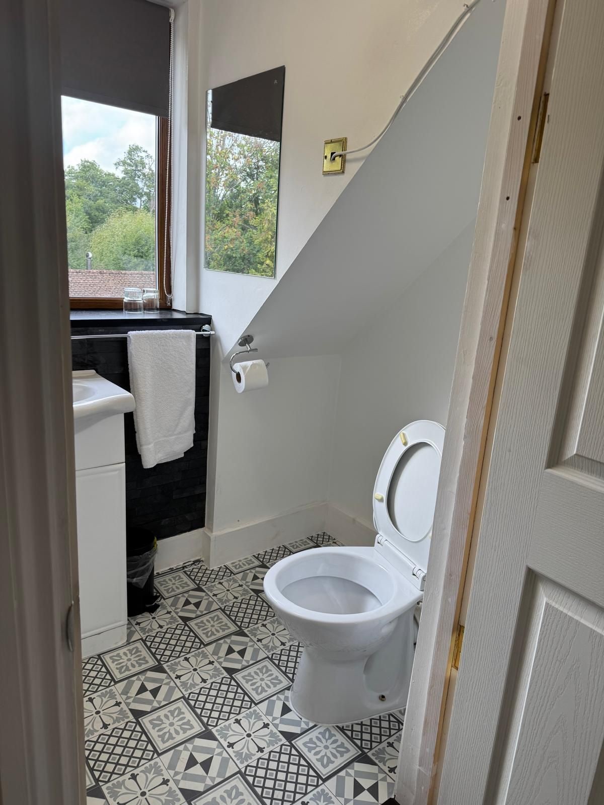 A bathroom with a toilet, a sink, and a window.