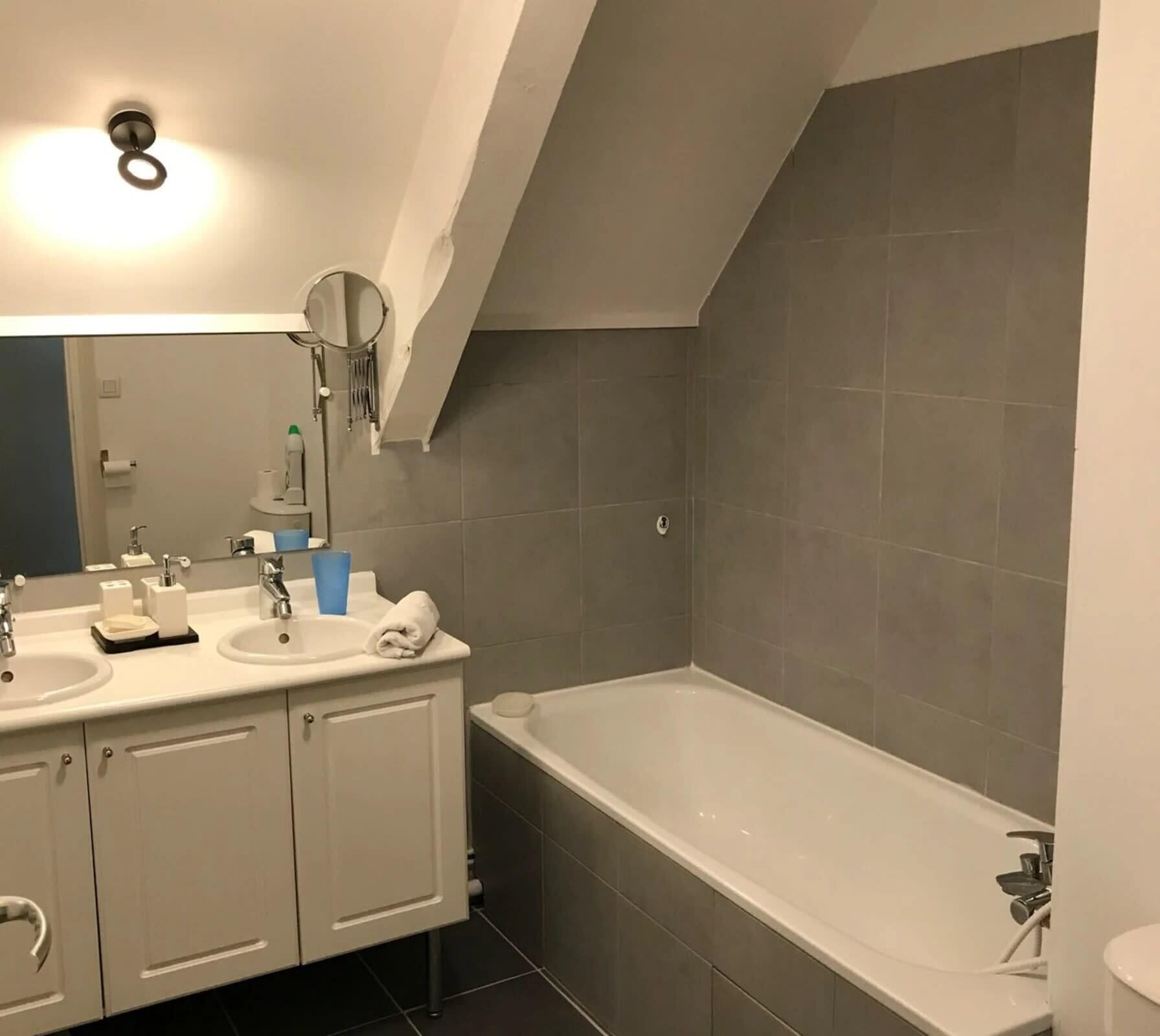 Un baño moderno con dos lavamanos, un espejo grande, una bañera y paredes con azulejos grises.